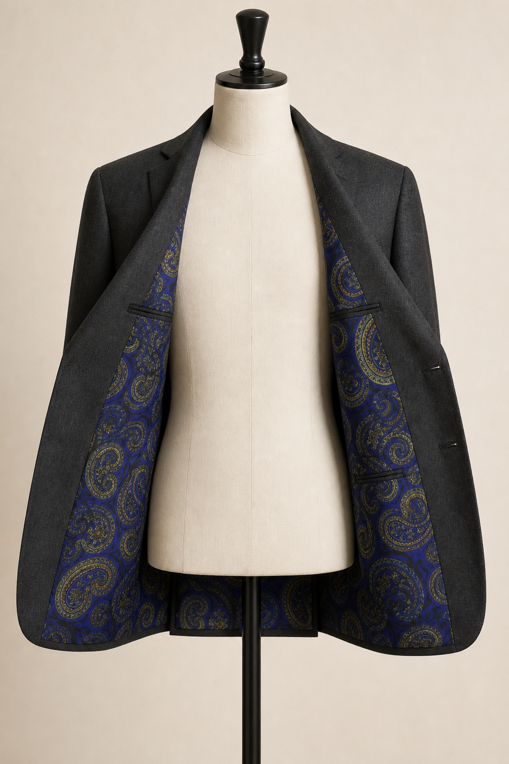 AI concept showing ARS-103 paisley lining inside a charcoal blazer