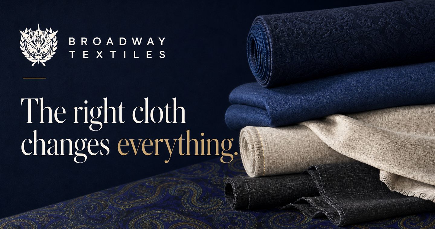 Layered rolls of navy, blue, ivory, and charcoal textiles